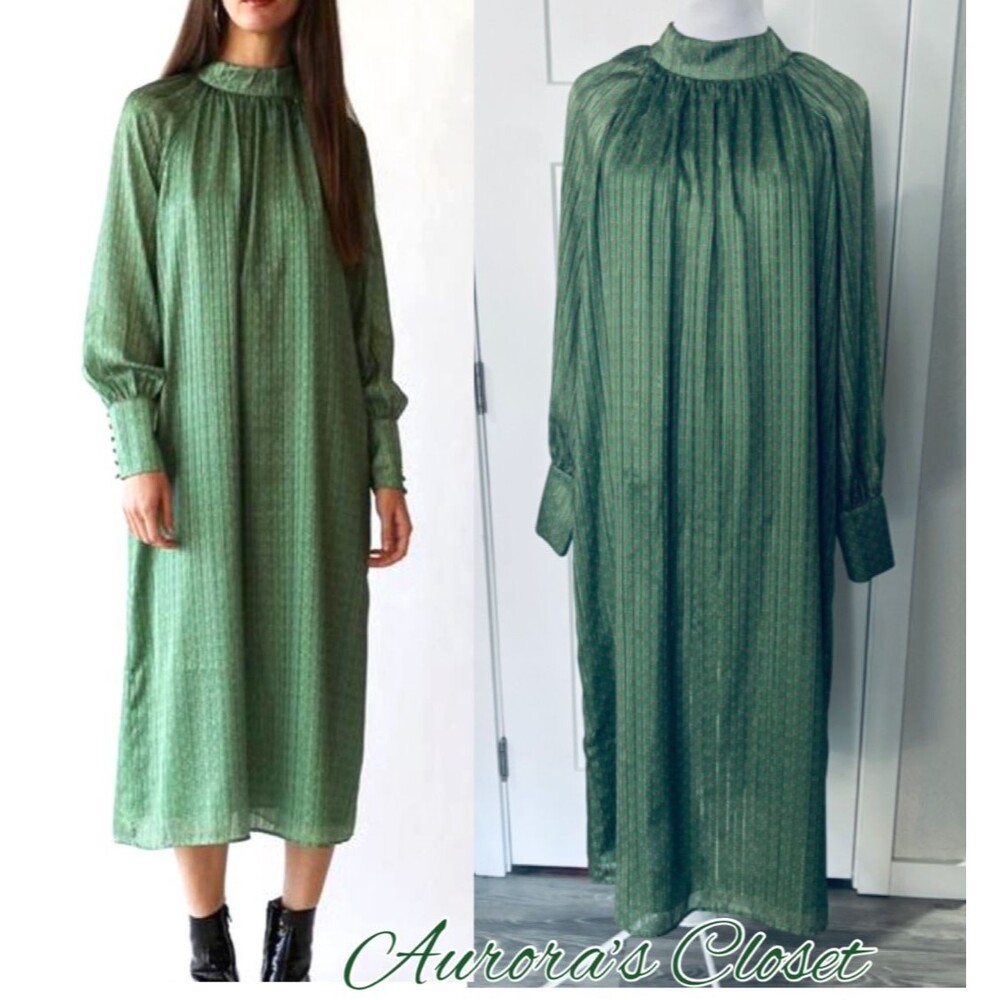 Brigitte Herskind 4 Green Midi Dress Jacquard Long Sleeve Tie Shift EU 34 $295